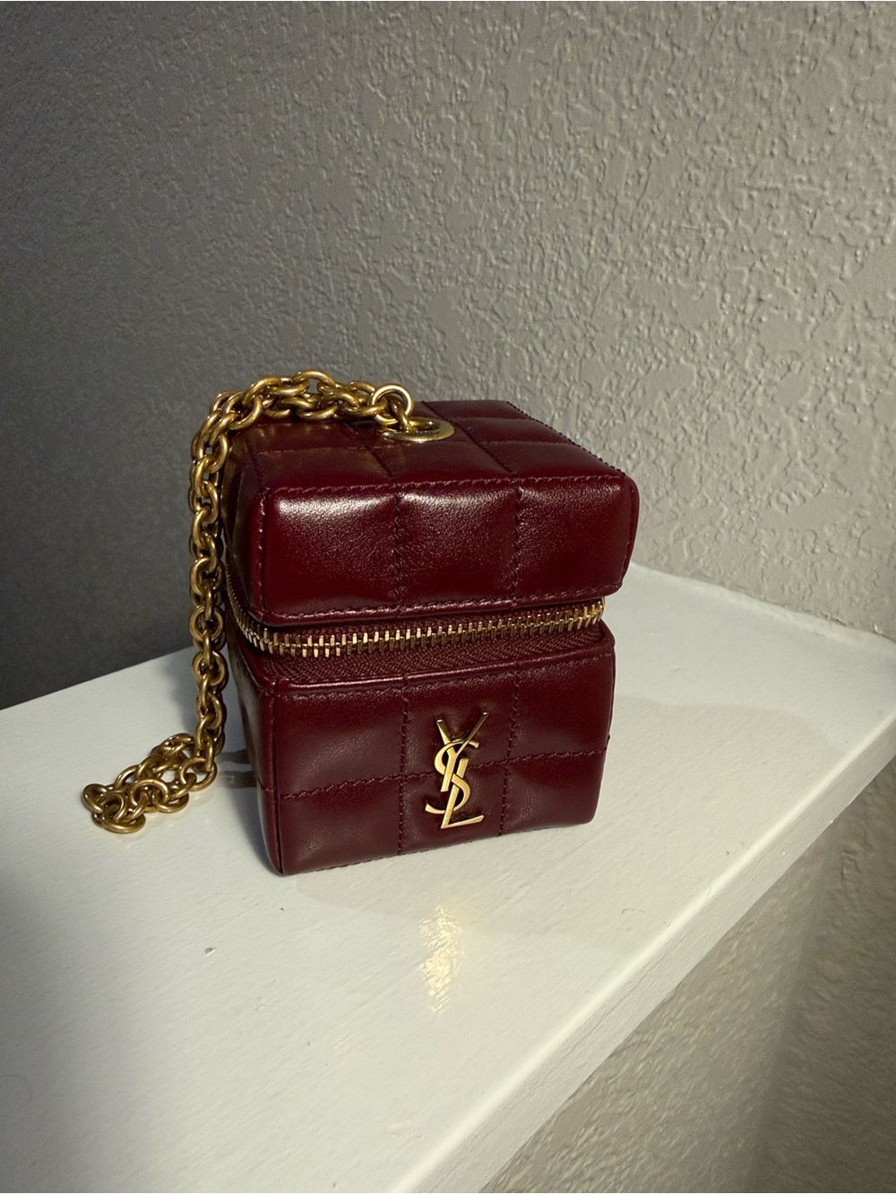Saint Laurent Burgundy Quilted Cube Mini Chain Bag